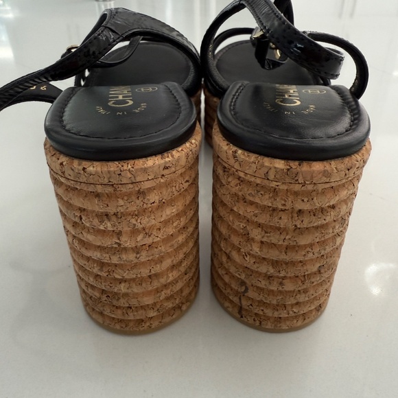 CHANEL Black Patent leather Cork Heel Platform Wedges CC Logo - Picture 5 of 10